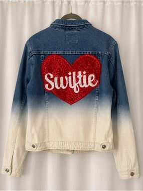 Custom Swiftie Sequin Heart Ombré Denim Jacket Women’s M Blue Cream Red
